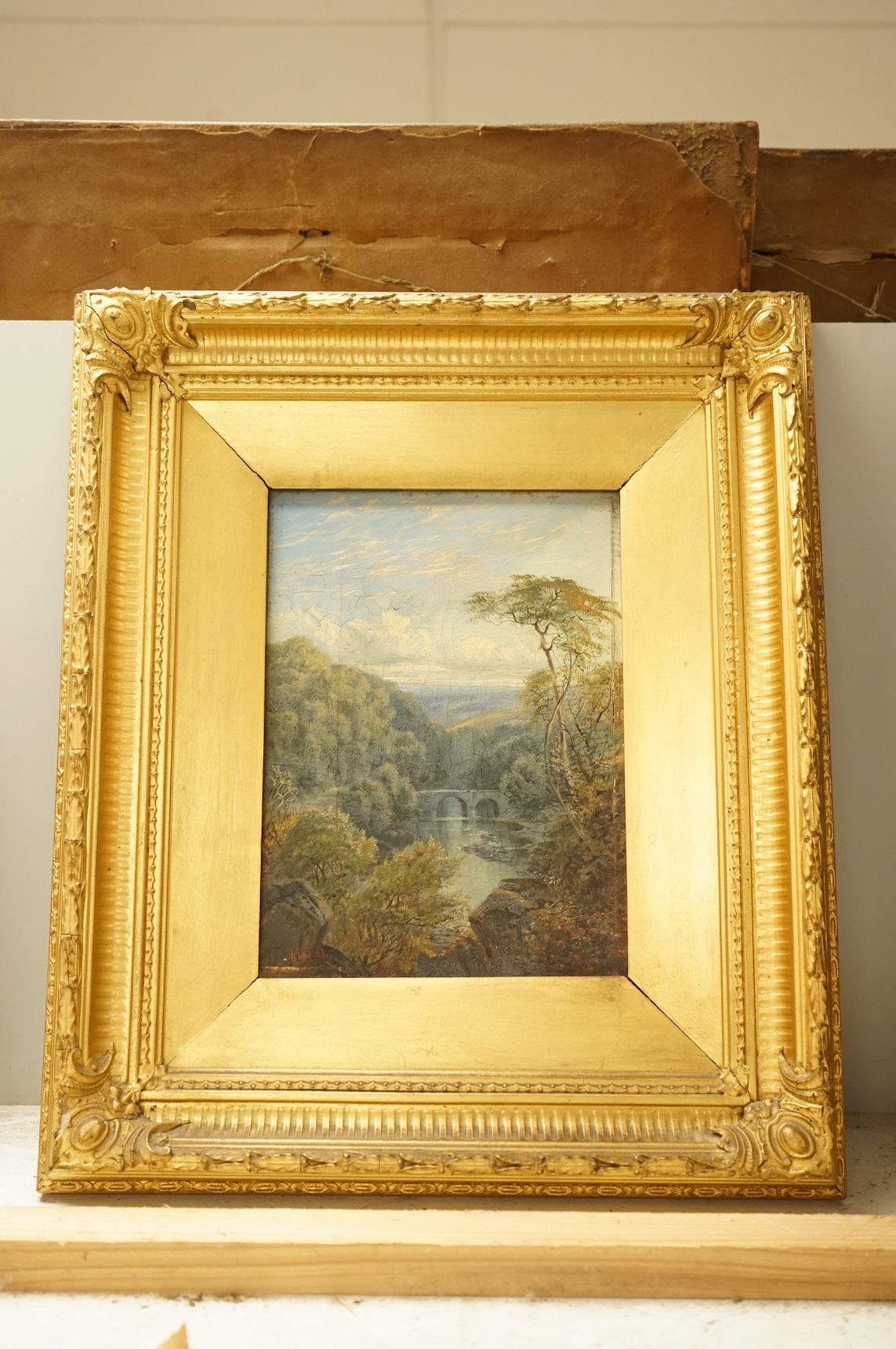 Alfred Augustus Glendening Sr (1840-1910), Riverscape with a bridge, monogrammed and dated '67, oil on canvas, 19 x 14cm, ornate gilt frame